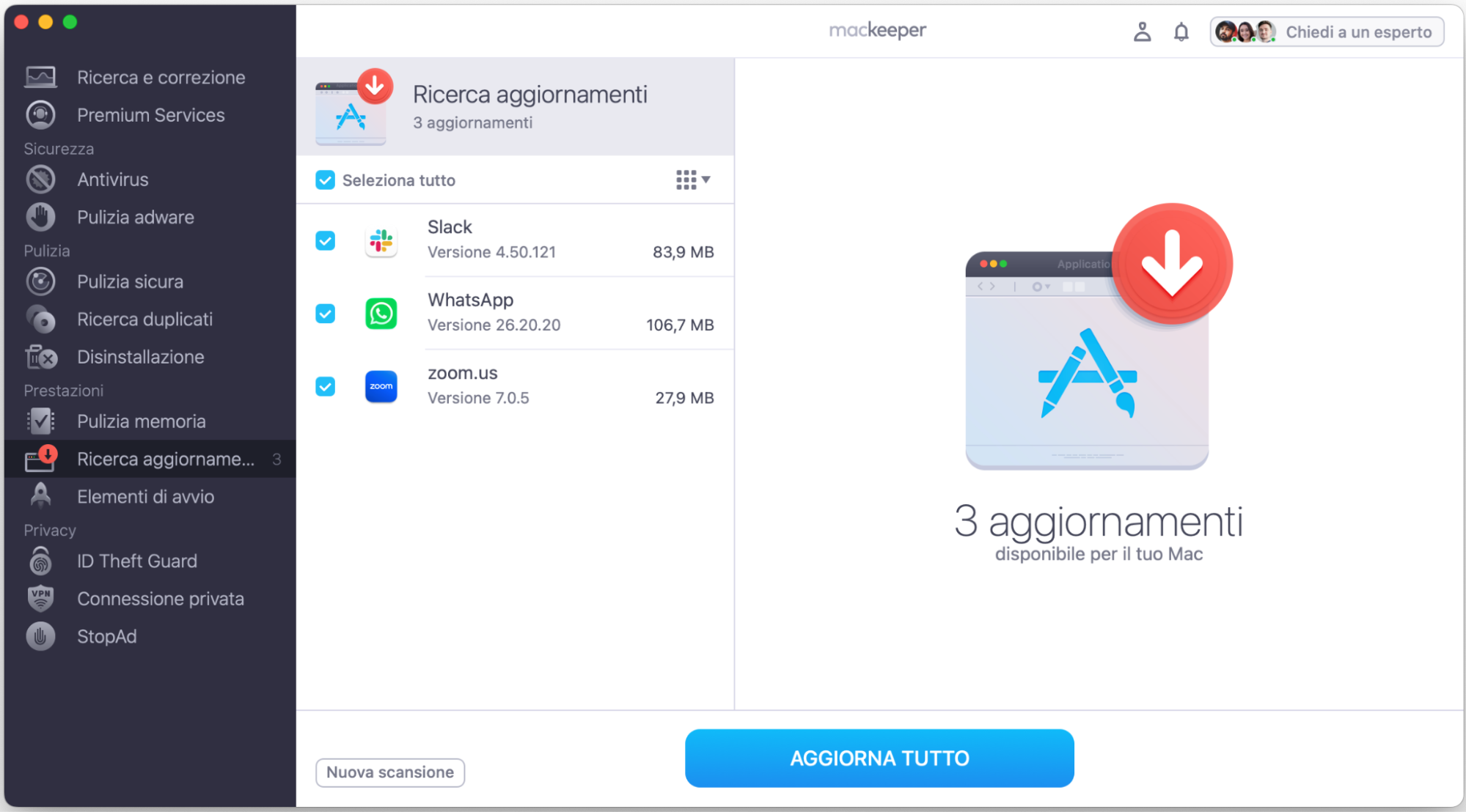 Visualizza l'elenco degli aggiornamenti consigliati e seleziona le applicazioni che vuoi aggiornare, clicca il pulsante Aggiorna.