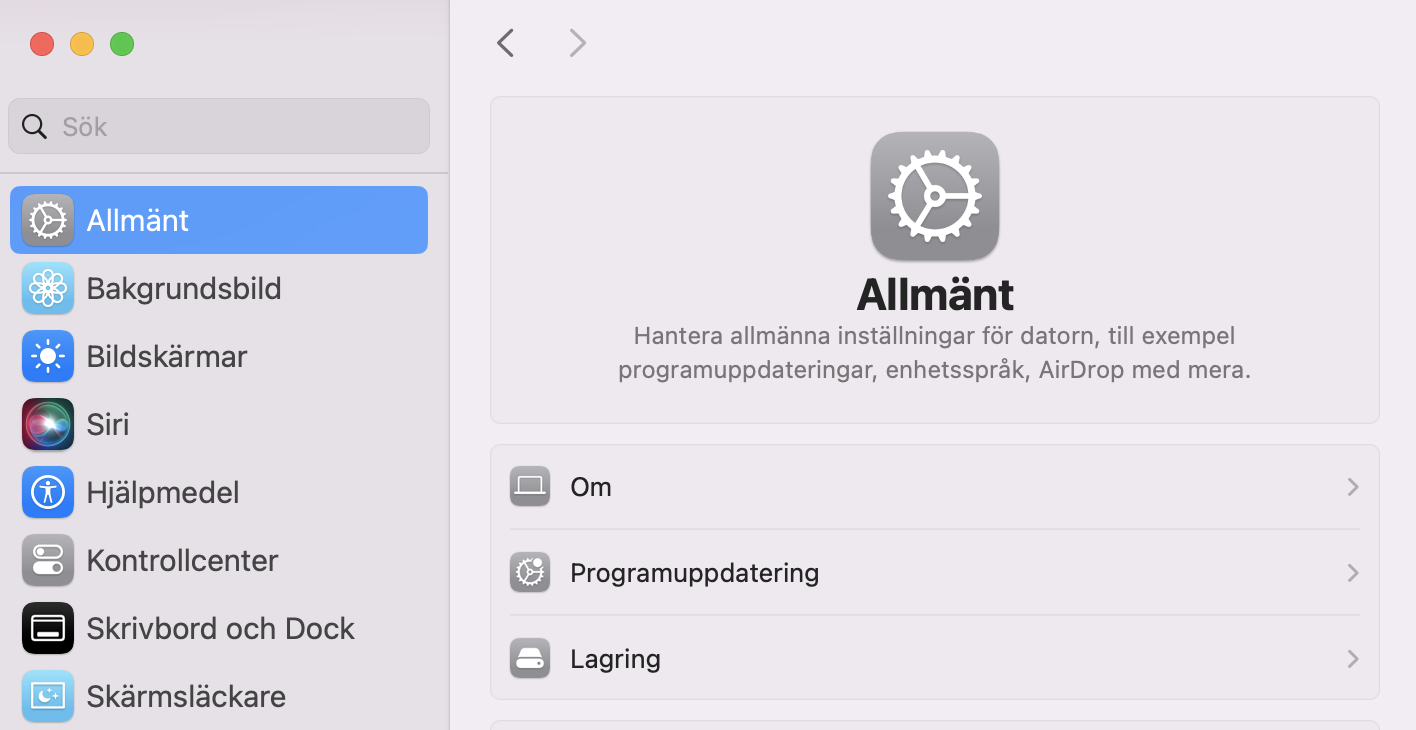 Att uppdatera din macOS-programvara kan hjälpa till att åtgärda buggar som kan göra att systemfiler förbrukar för mycket data. Gå till Systeminställningar > Allmänt > Programuppdatering.