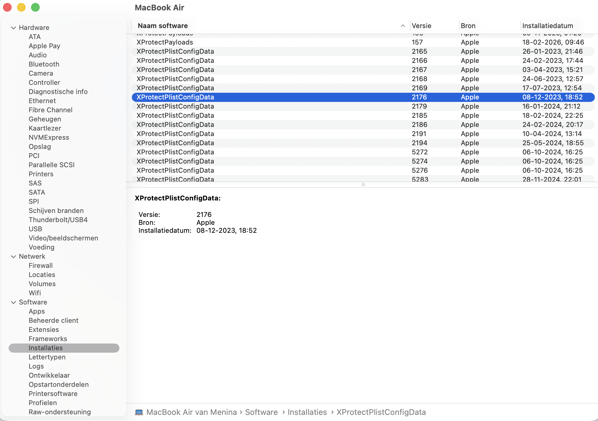 Venster met software-installaties met XProtectPlistConfigData blauw gemarkeerd.