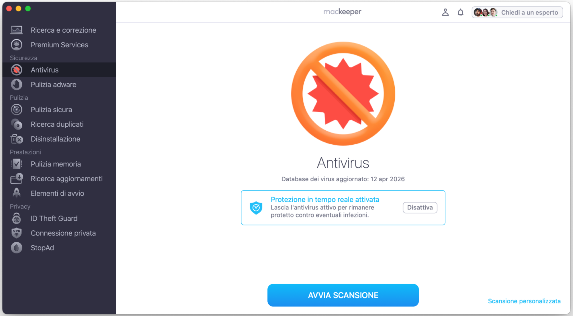 Per rimuovere dal tuo Mac il malware che causa il pop-up Windows Defender Security Warning, apri MacKeeper, seleziona Antivirus e fai clic su Avvia scansione.
