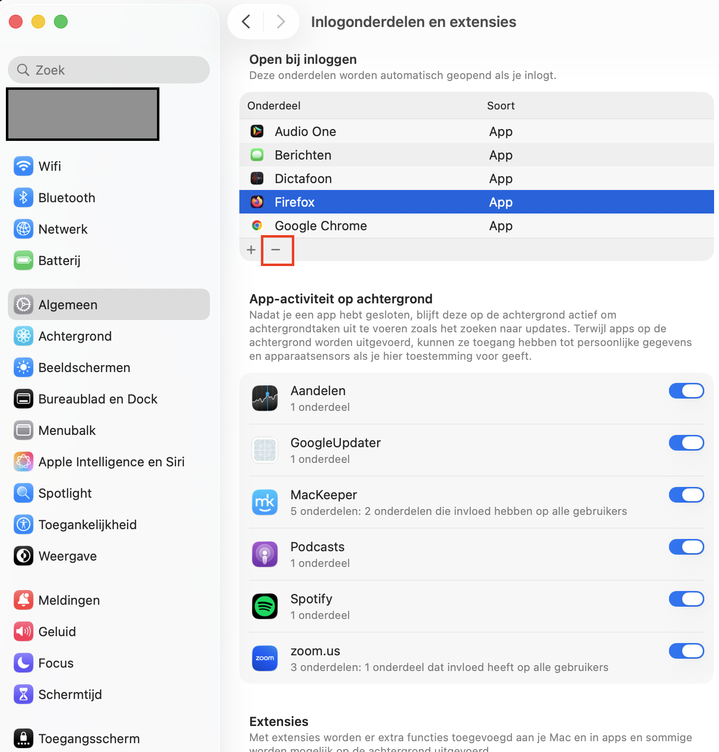 Om een inlogonderdeel te verwijderen, klik je erop om het te selecteren en klik je vervolgens op het minteken om het uit de lijst te verwijderen. Het wordt dan niet meer automatisch gestart bij het opstarten.