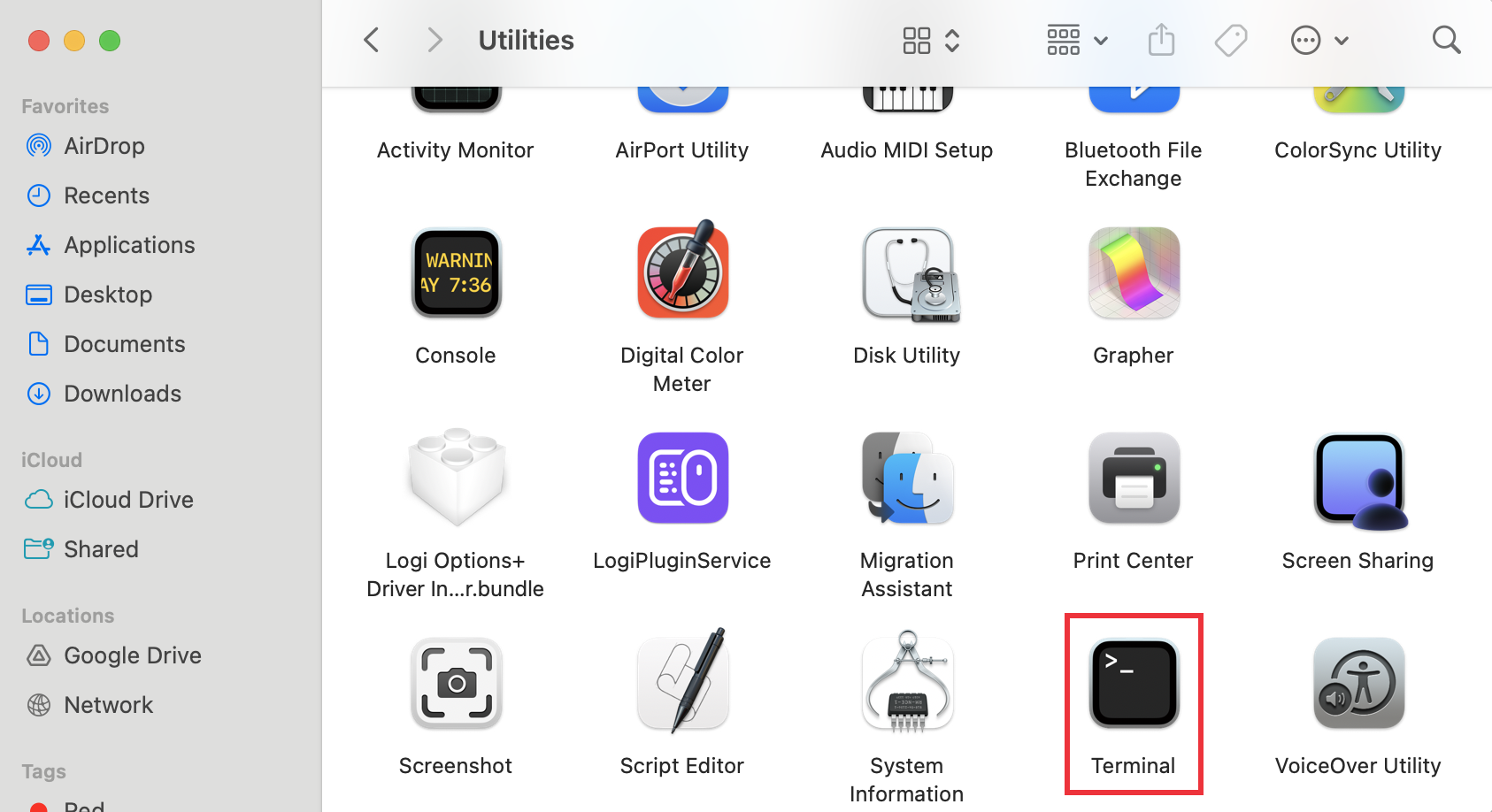 The Terminal app in the Utilities folder on Mac. You can use Terminal to stop Spotlight indexing when you encounter mdsync issues.