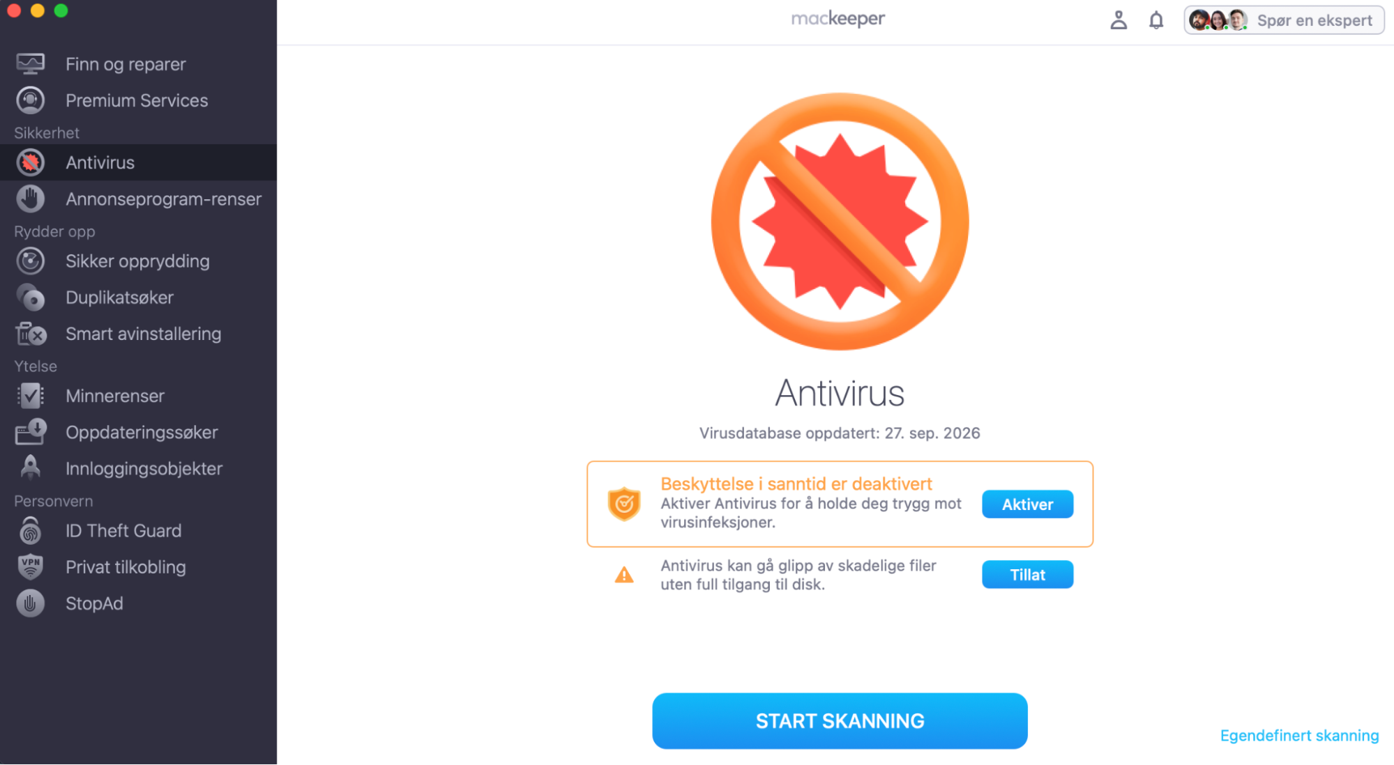 I MacKeeper-appen kan Antivirus-verktøyet velges fra sidemenyen. Det kan brukes som en mulig metode for å fikse en treg eller fryst Mac som fortsetter å fryse.