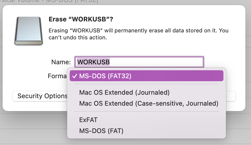 After pressing Erase, you'll see a pop-up menu. You can scroll the drop-dpwn list to pick the most suitable format for macOS. Once selected, press Erase again.