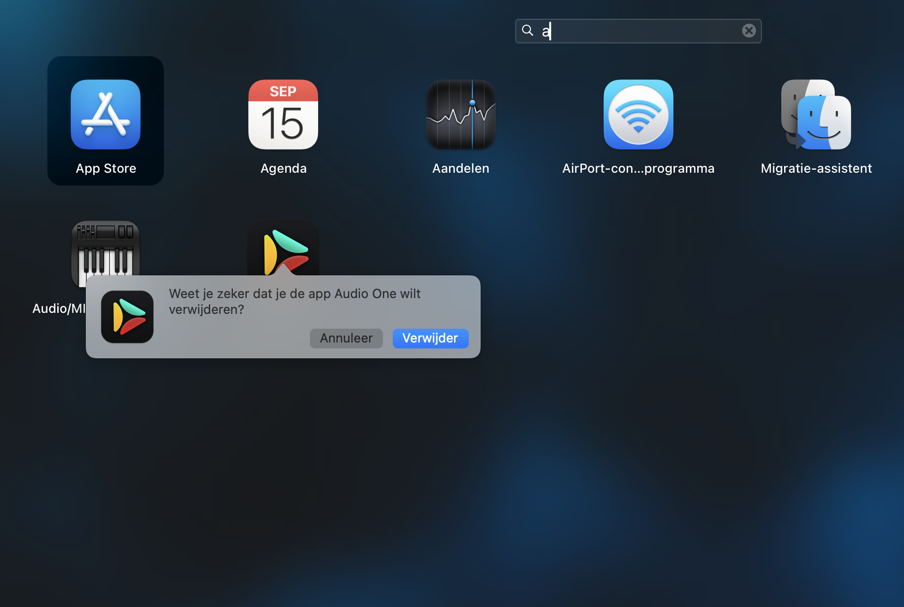 Een macOS-app-pictogram in Launchpad op de Mac. Houd het pictogram ingedrukt en kies X > ‘Verwijder’ om apps uit de App Store te verwijderen.