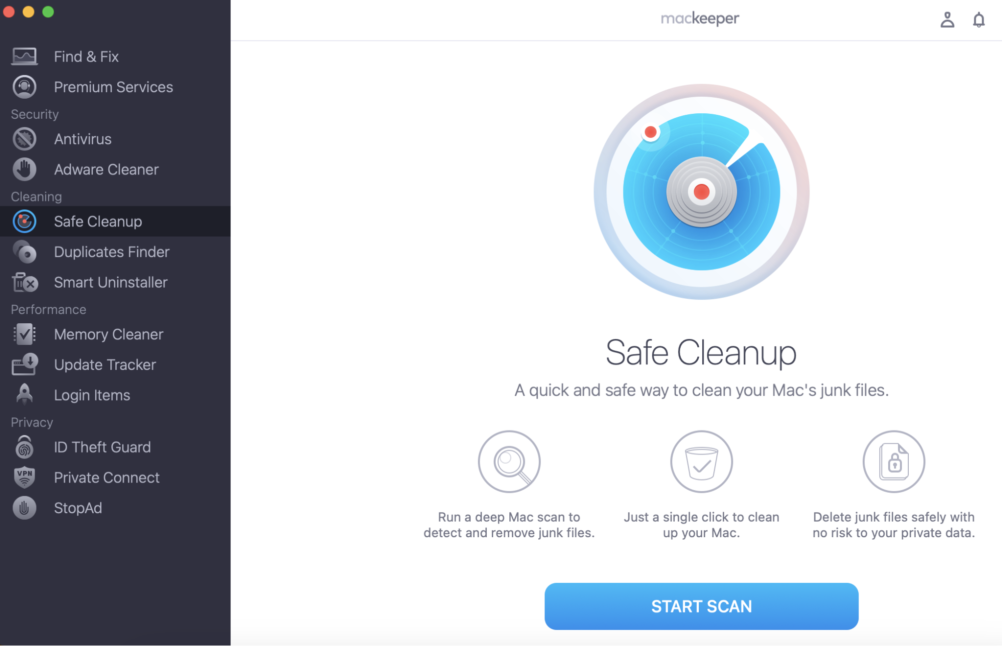 In the MacKeeper app, select the Safe Cleanup feature to start your cleaning process on the Mac. Click on Start Scan to initiate the checkup.