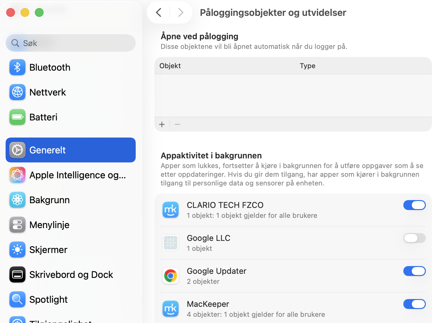 Se gjennom listen over apper i innloggingslisten. Hvis du vil fjerne noen, markerer du dem og trykker på minus-knappen (-). Da åpnes de ikke lenger når du starter Macen din.