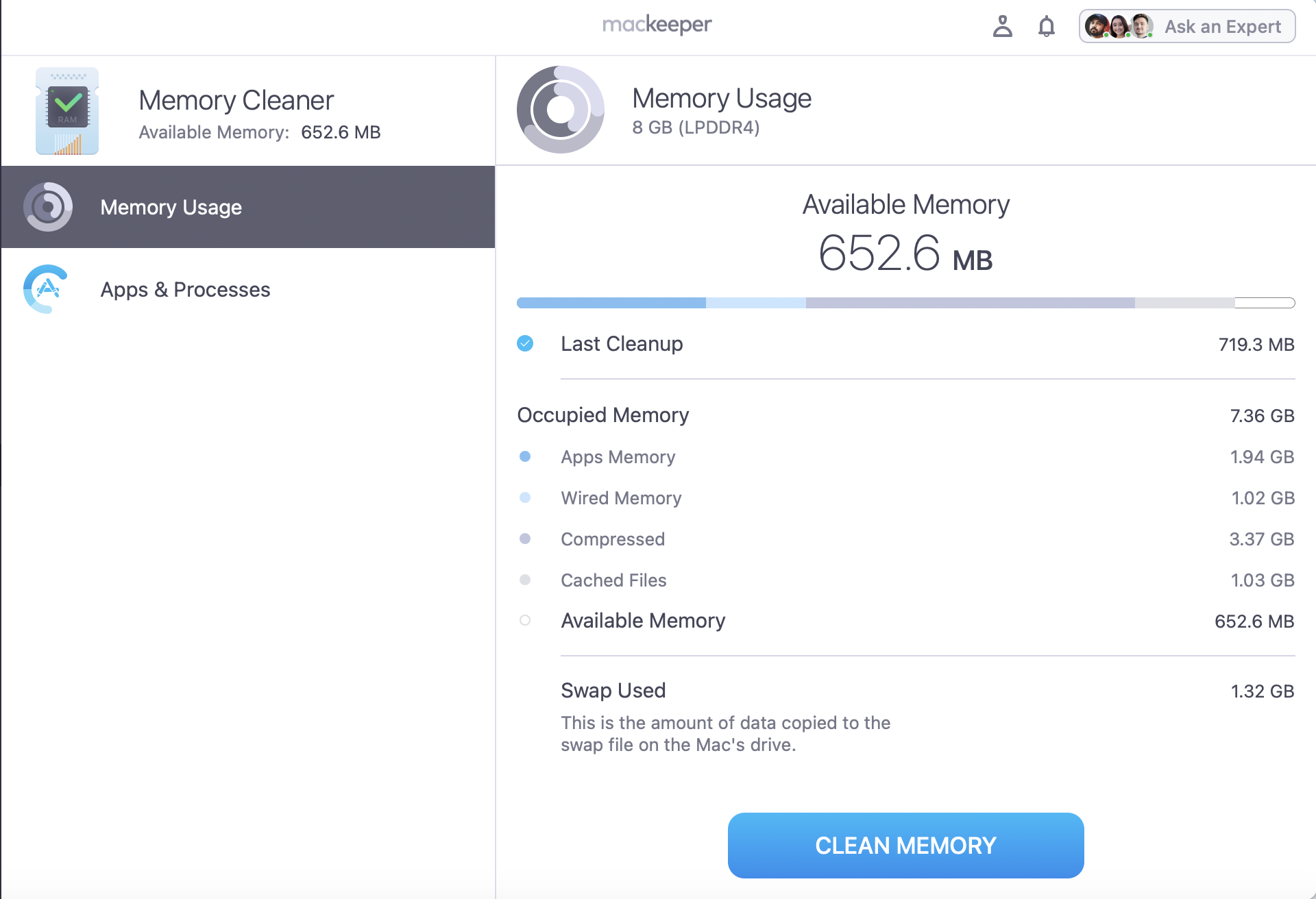 After pressing the Open button, you’ll be able to see a list of your Memory Usage across your device, Apps and Processes. To boost your memory, click on the Clean Memory button.