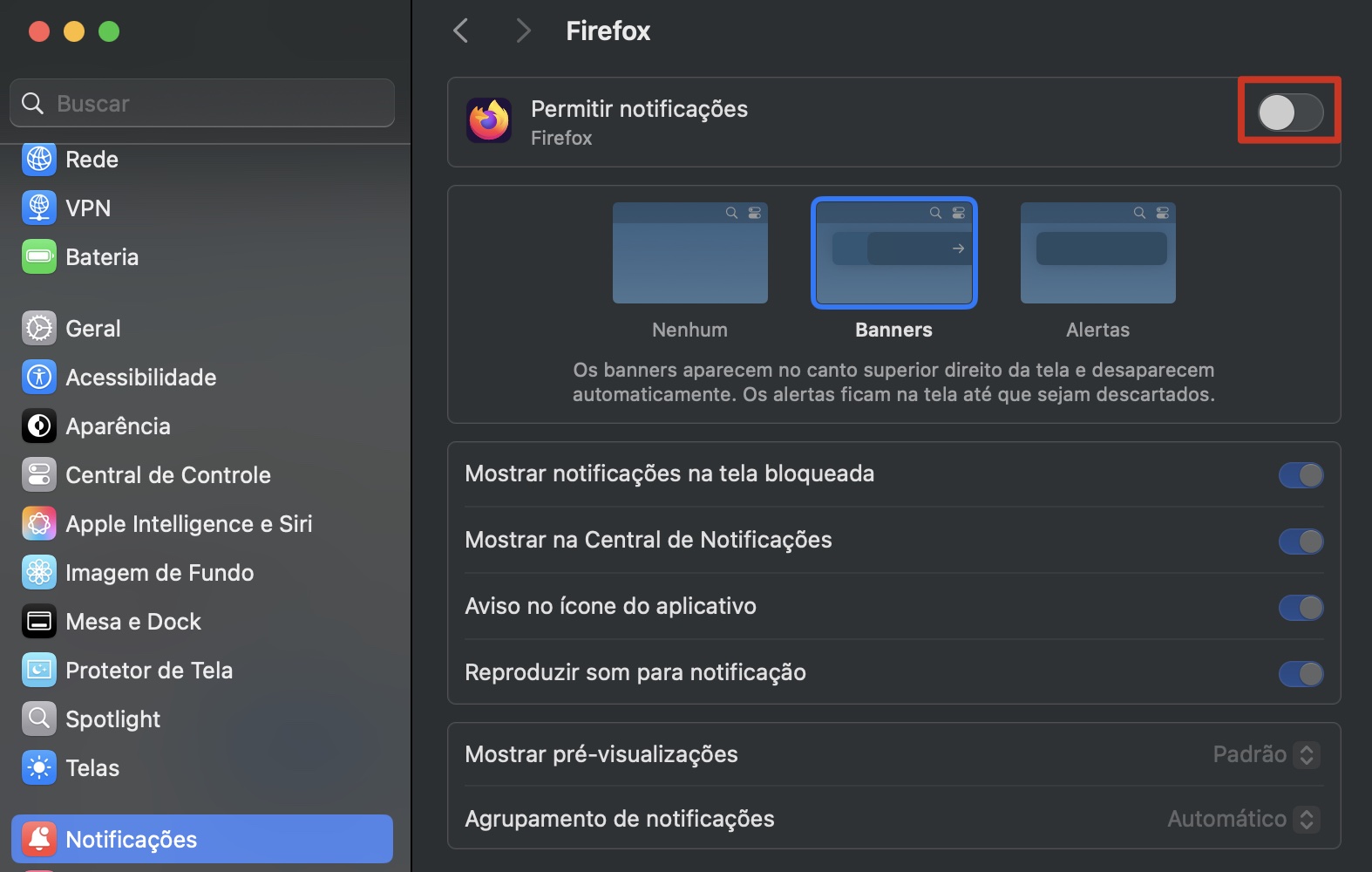 Ajustes de Notificações da Apple, com opções do Firefox visíveis. Como desativar notificações do McAfee no Mac, parte das perguntas frequentes sobre pop-ups falsos do McAfee no Mac.