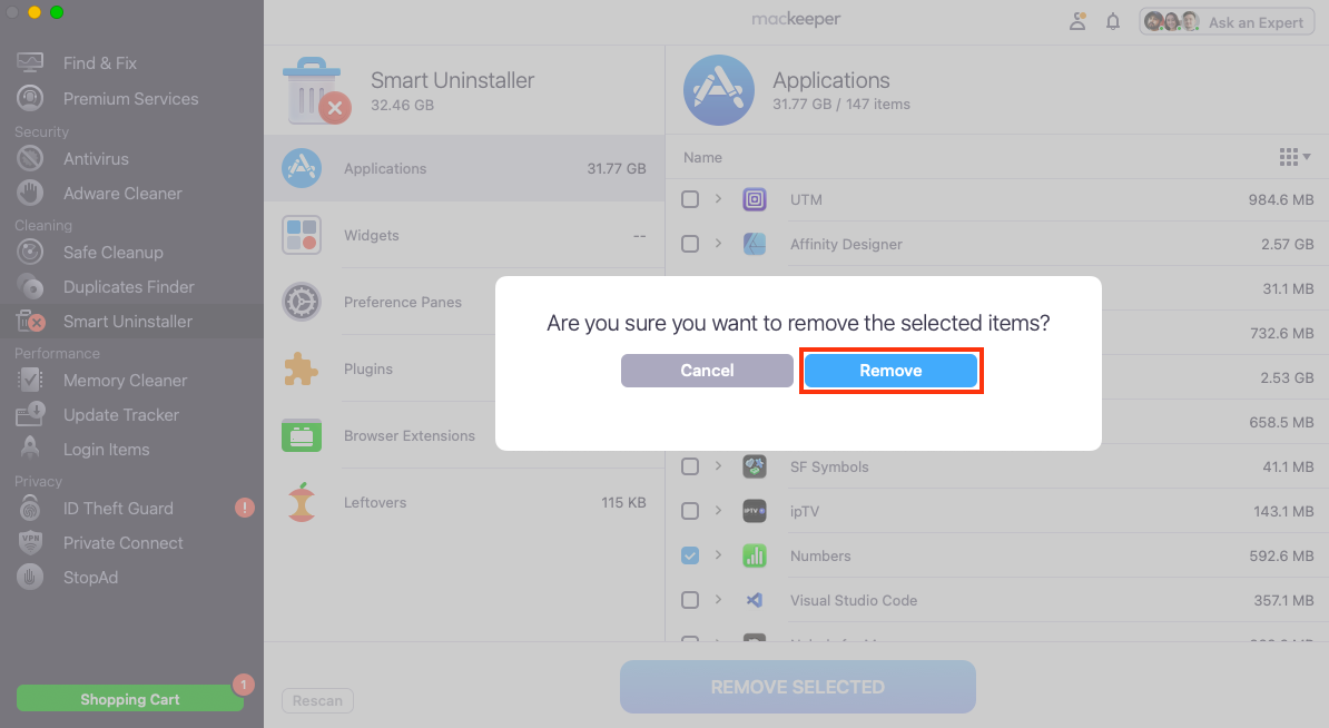 The Smart Uninstaller confirmation prompt in MacKeeper for Mac. Click Remove to confirm you want to uninstall CCleaner from your computer.