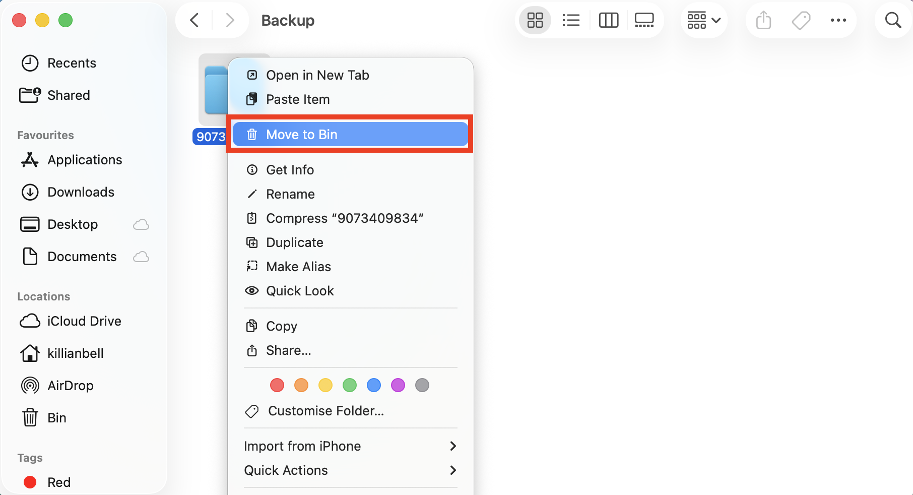 The Move to Bin option that appears after right-clicking a folder on Mac. Delete all files from the macOS Backup folder iOS files are taking up too much space on your Mac.