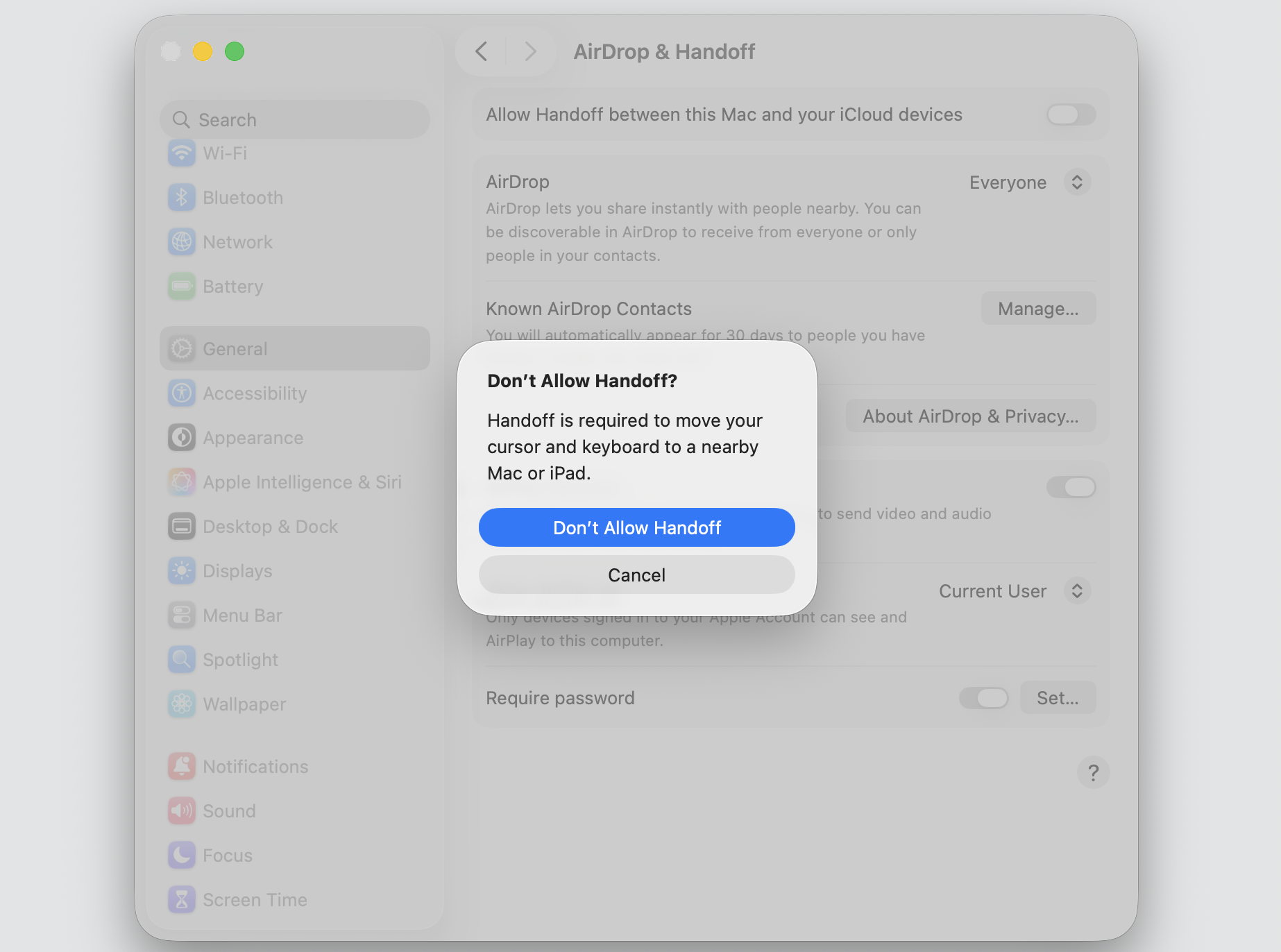 macOS confirmation dialog on an iMac confirming the Handoff toggle is turned off to cut background bluetoothd CPU usage on Apple devices.
