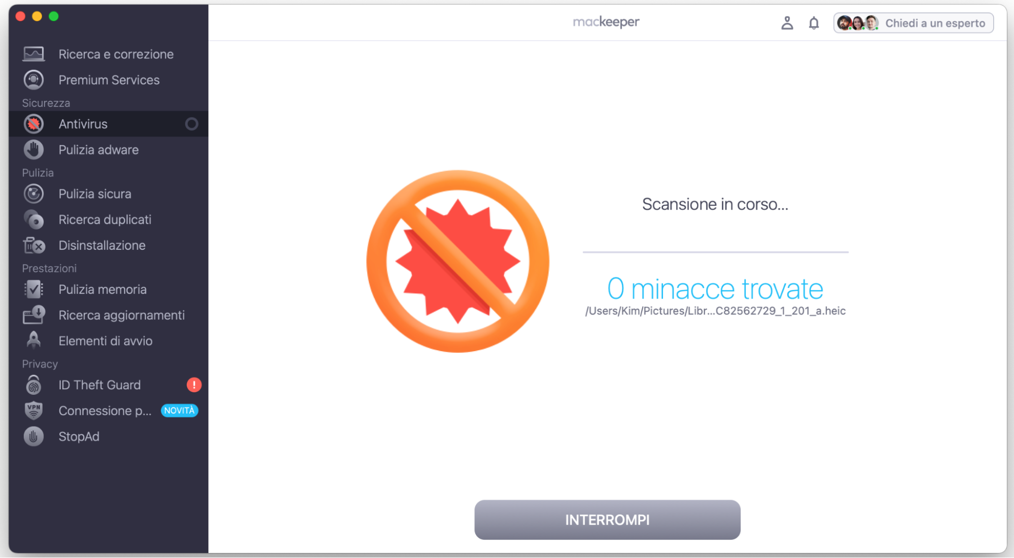 Fai clic su Avvia scansione e attendi che MacKeeper completi l’analisi antivirus. Se rileva qualcosa, ti mostrerà i risultati in tempo reale.