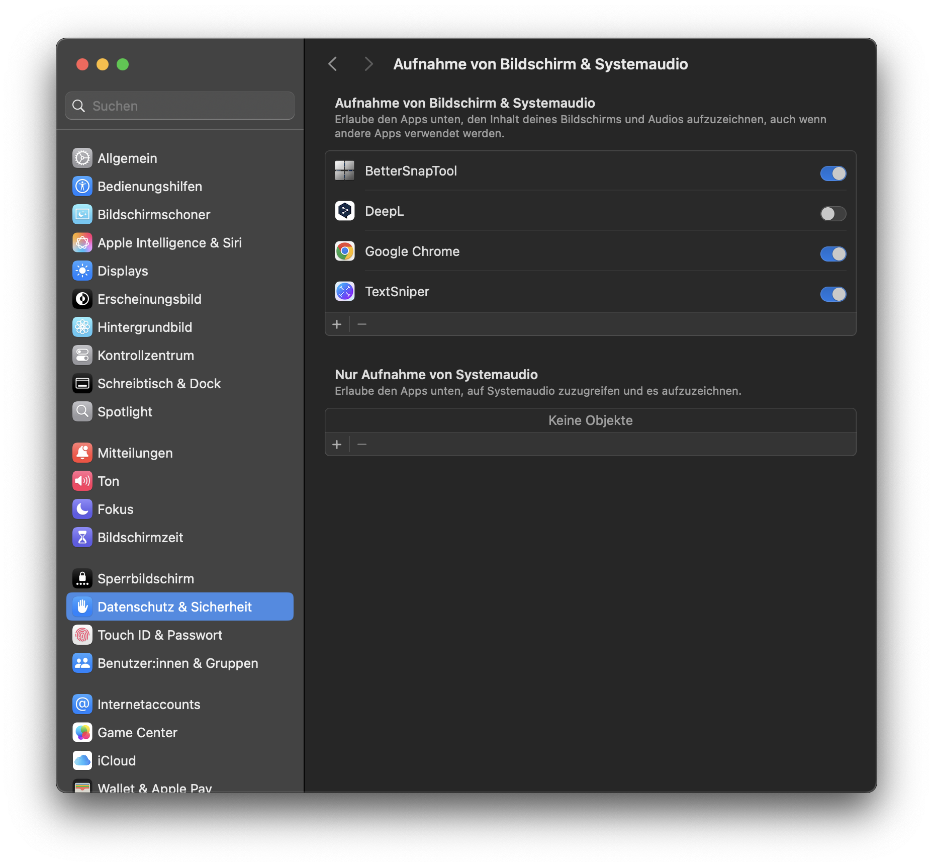 Wenn Sie es leid sind, dass Ihr Mac-Bildschirm beobachtet wird, suchen Sie die App, für die Sie den Zugriff auf die Bildschirmaufzeichnung entfernen möchten, und deaktivieren Sie die Option Bildschirmaufnahme. Dadurch werden die Zugriffsrechte für Bildschirmaufzeichnungen für Apps von Drittanbietern deaktiviert.