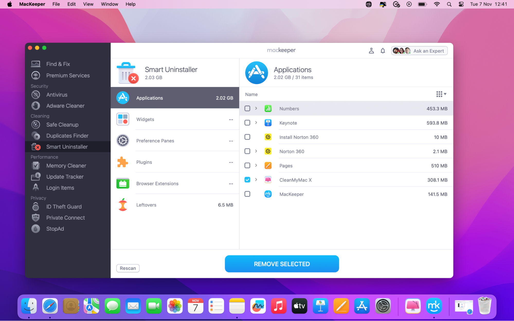 Upon completing the scan, locate CleanMyMac in the list of applications, select it, and then click Remove Selected to initiate the removal process.