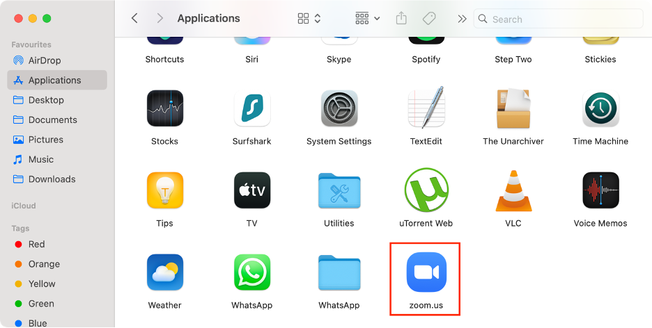 To remove Zoom from Mac, open Finder, go to Applications, and find the Zoom app.