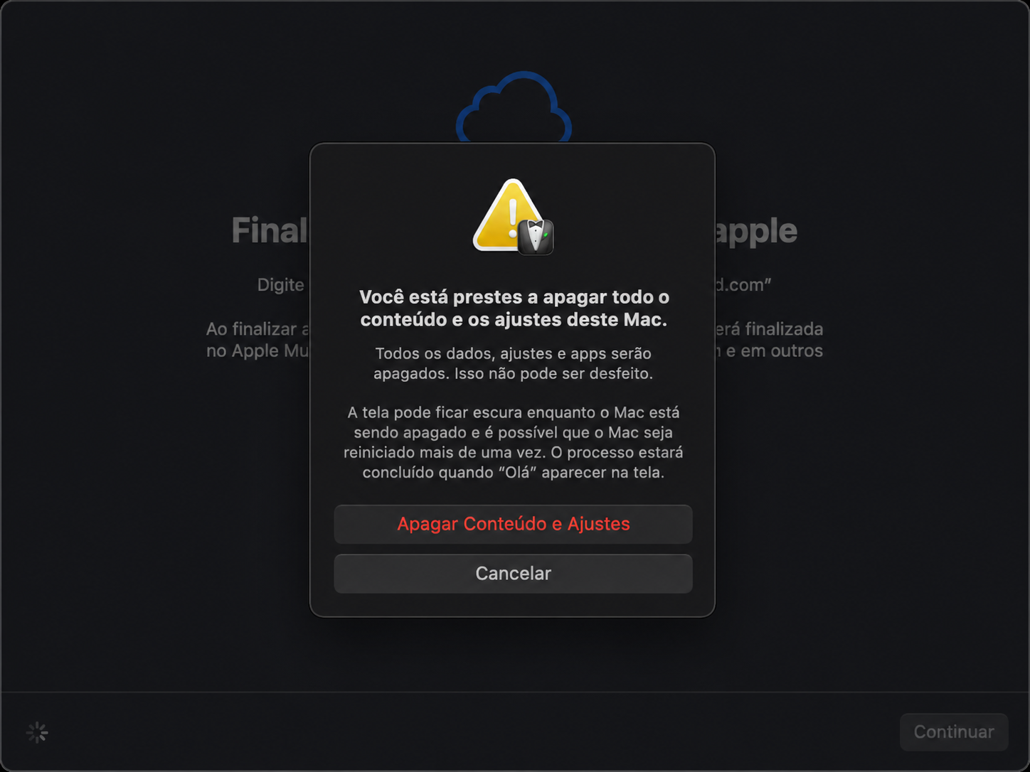 O Assistente de Apagamento avisa o usuário que ele está prestes a apagar o conteúdo e ajustes. Continuar permite que o Mac seja redefinido para as configurações de fábrica.