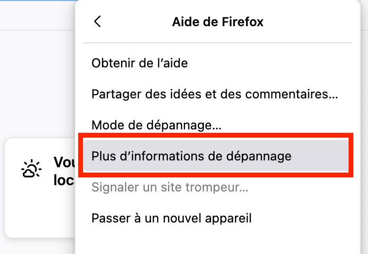 Le menu Aide de Firefox ouvert, avec l’onglet Plus d’informations de dépannage mis en surbrillance. Comment réparer Firefox : guide pour bloquer les fausses alertes McAfee sur Mac.