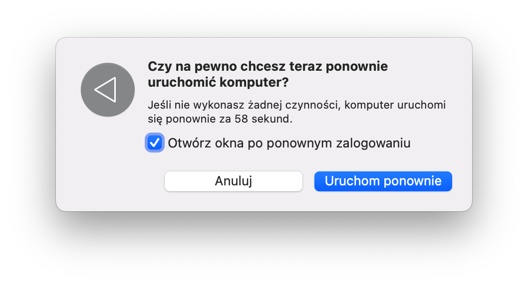 Po wybraniu opcji Uruchom ponownie, pamiętaj, aby odznaczyć opcję Otwórz okna po ponownym zalogowaniu. Ta czynność zapewni zamknięcie i ponowne uruchomienie nieodpowiadających aplikacji, co pomoże naprawić zawieszony ekran lub wolno działający laptop.