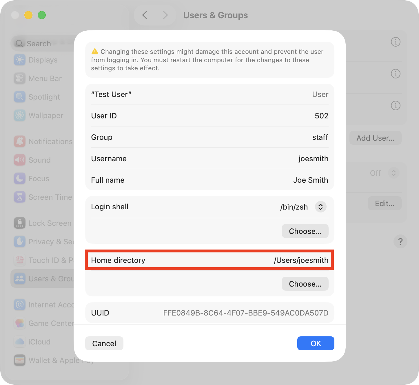 The advanced options for a user account on Mac. Be sure to also update the Home directory when you change user name on Mac to avoid losing access to your data.