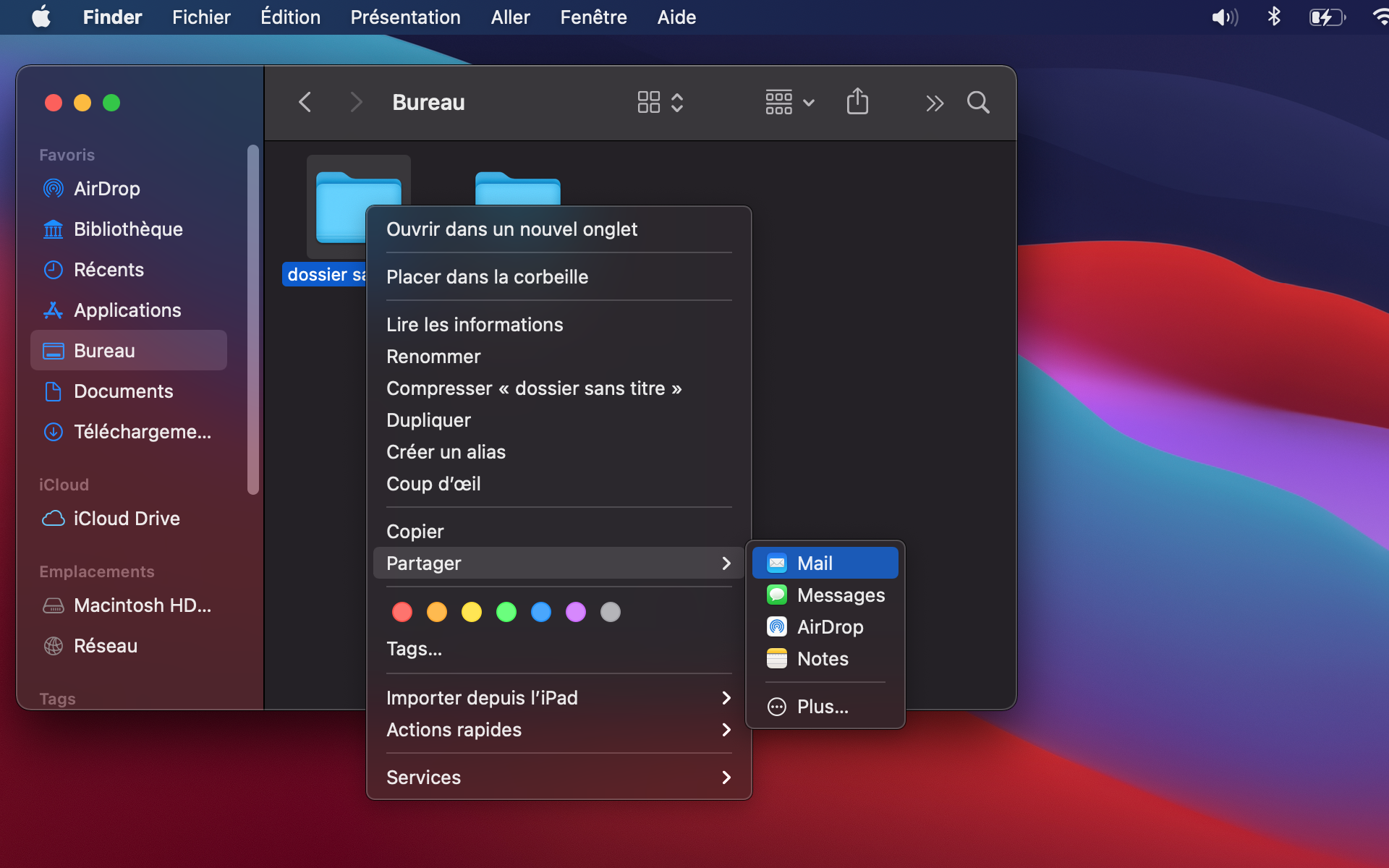 Cette fenêtre du Finder sur macOS met en avant le menu contextuel d’un clic droit sur un dossier, avec l’option Partager, permettant d’envoyer le dossier via Mail, Messages, AirDrop, Notes, ou d’autres applications. Cette fenêtre du Finder sur macOS met en avant le menu contextuel d’un clic droit sur un dossier, avec l’option Partager, permettant d’envoyer le dossier via Mail, Messages, AirDrop, Notes, ou d’autres applications.