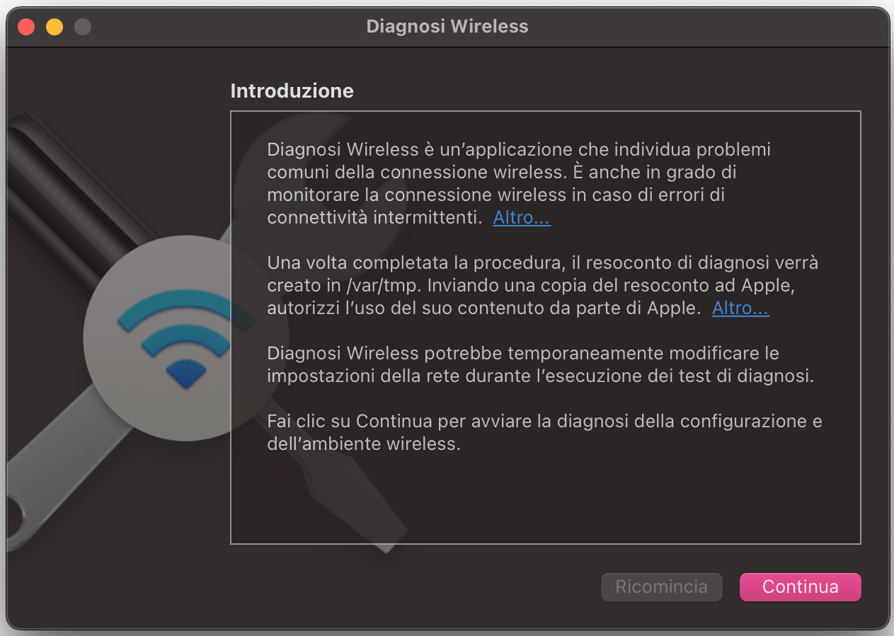 Per eseguire la Diagnosi Wireless su Mac, segui le istruzioni sullo schermo e verifica se riesci a identificare la causa dei problemi di connessione.
