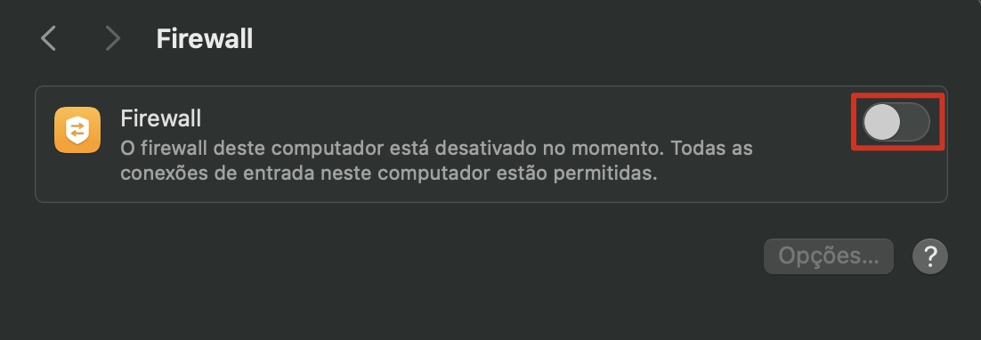 Na seção 'Rede' dos Ajustes do Sistema do seu Mac, você verá uma opção para ativar e desativar o firewall. Clique para desativá-lo.