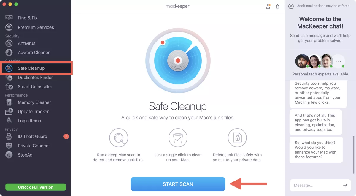 MacKeeper open on Mac. The MacKeeper dashboard screenshot demonstrates how to scan your Mac for junk files in MacKeeper during WindowServer high memory usage troubleshooting.
