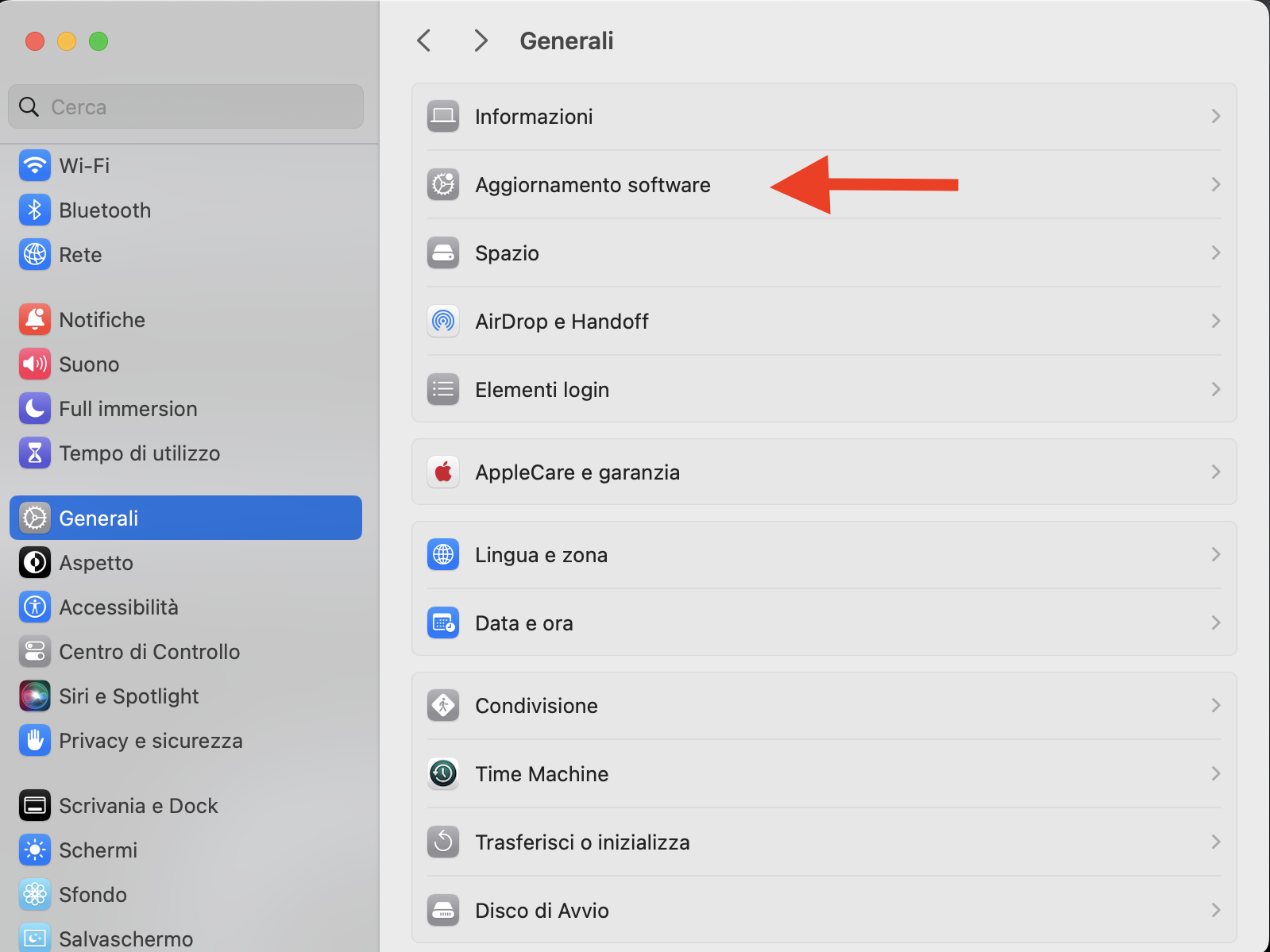 Da Impostazioni di Sistema, vai in Generali e trova Aggiornamento Software. Cliccaci sopra e lascia che il tuo Mac controlli la presenza di aggiornamenti per macOS o App Store.