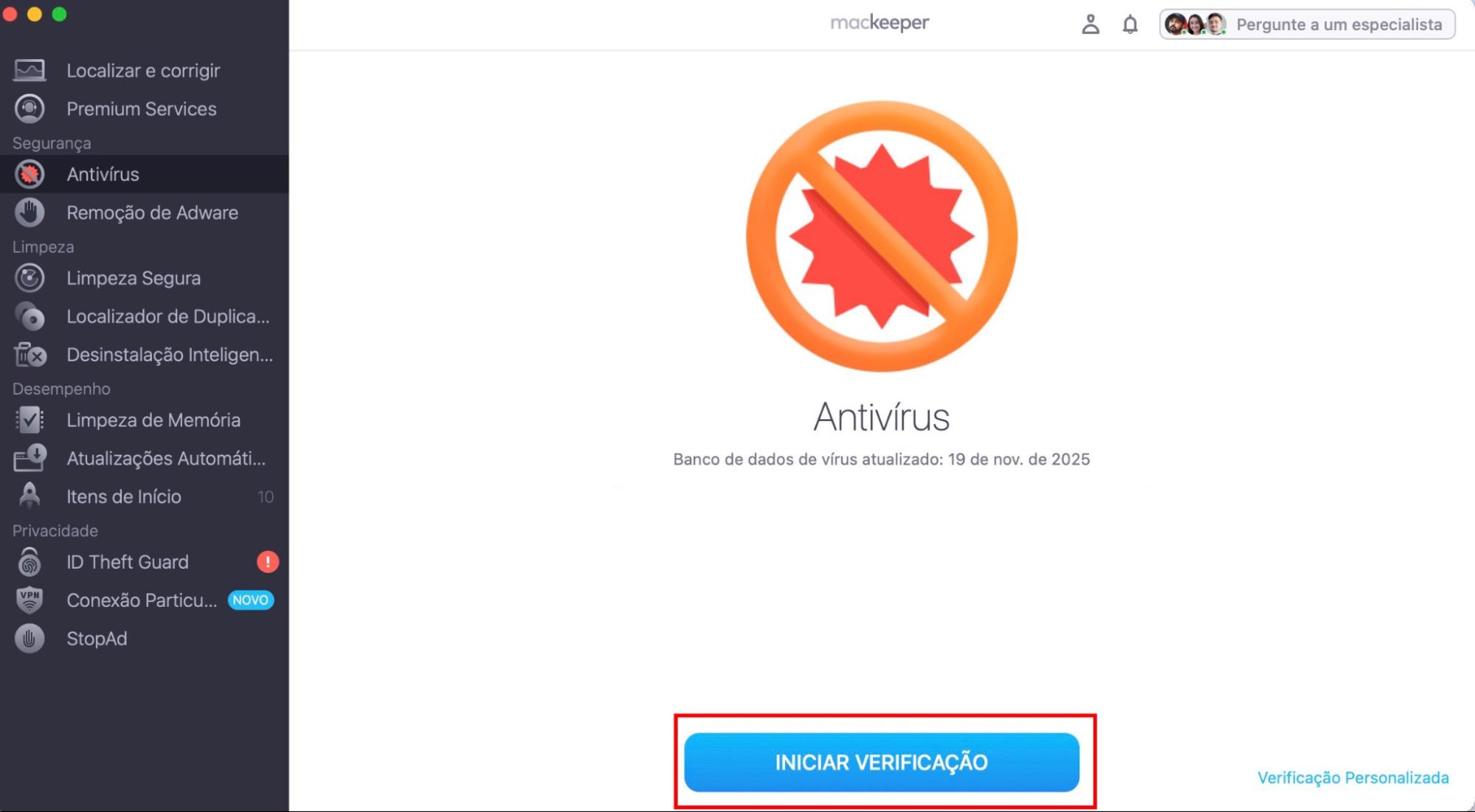 Na seção Antivírus do MacKeeper, clique no botão Iniciar Verificação. Isso iniciará uma verificação de vírus que você pode usar para detectar trojans.