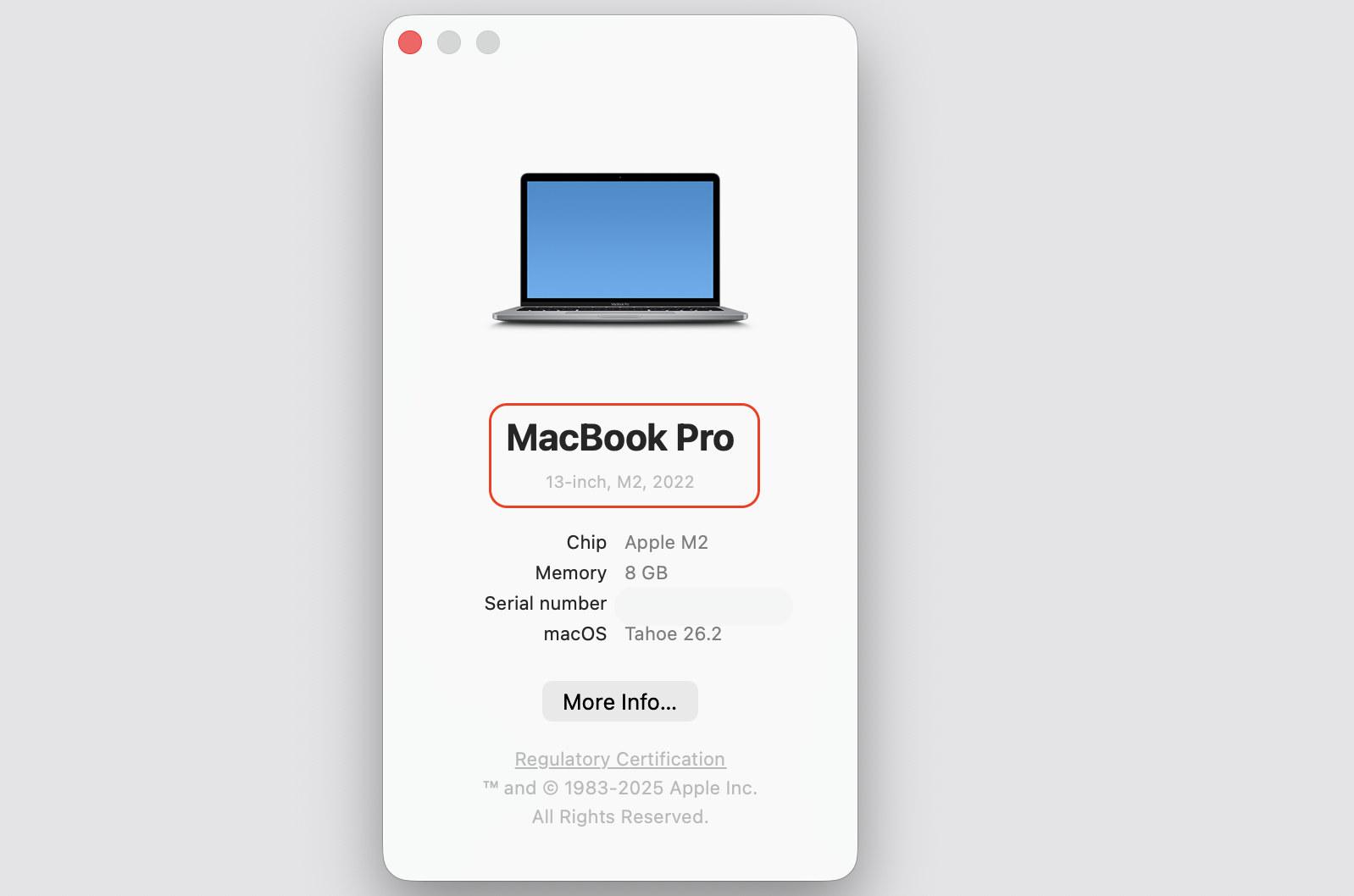 About This Mac window on macOS showing a MacBook Pro model, chip, and year, used to check macOS compatibility for your Mac.
