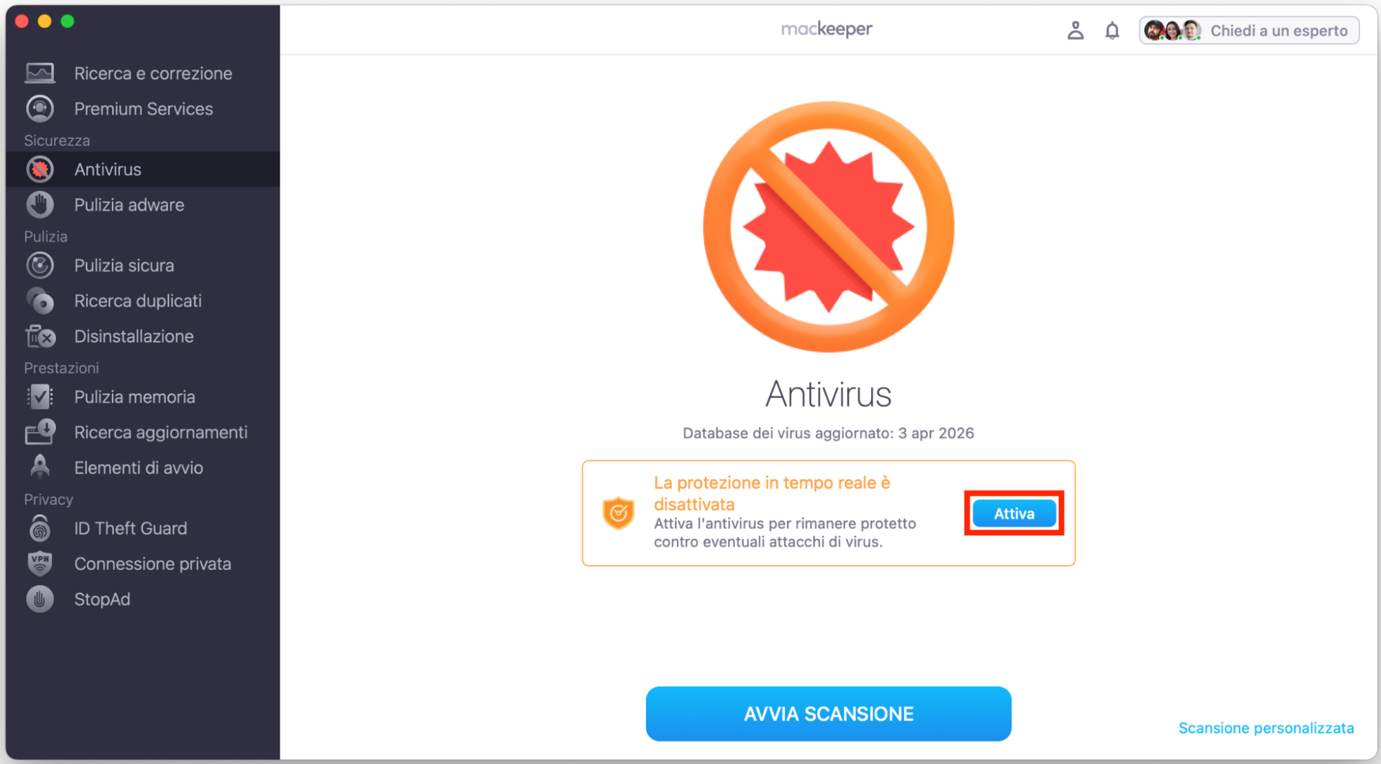 Per attivare la protezione antivirus in tempo reale in MacKeeper, fai clic su Attiva.