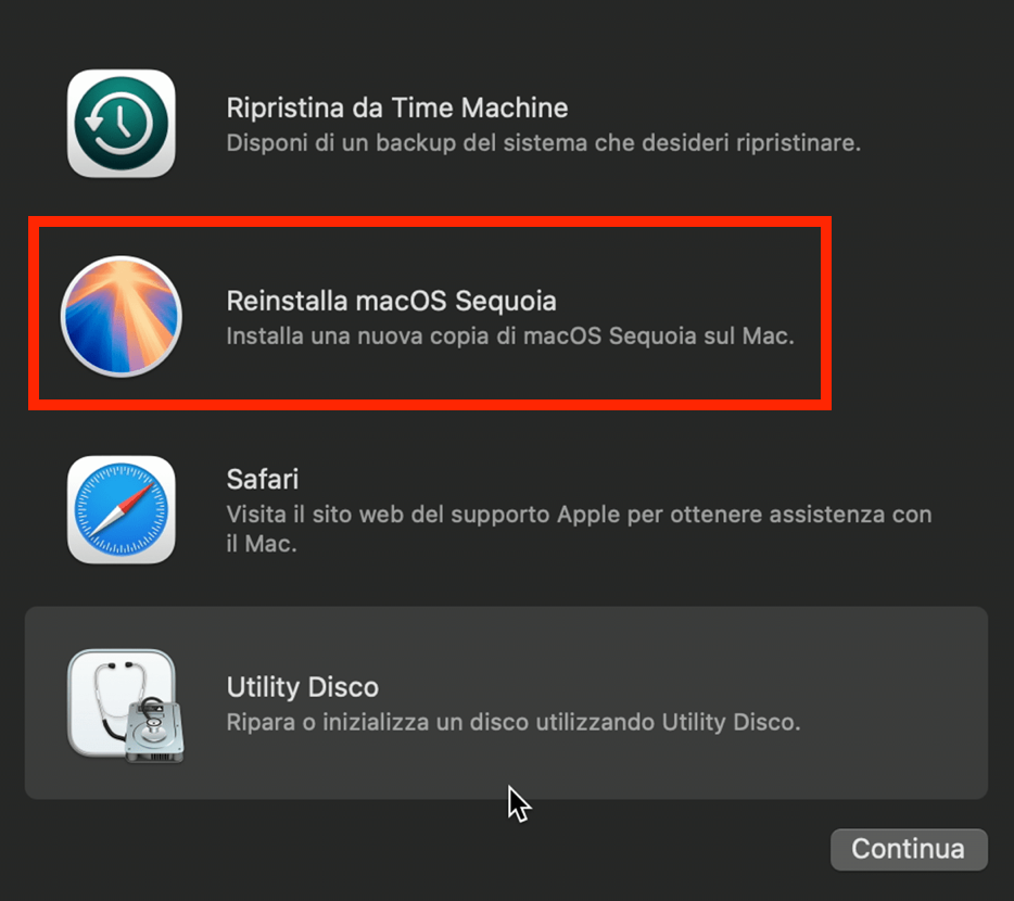 La finestra di ripristino di Apple mostra l'opzione per reinstallare macOS Sequoia. Selezionare questa opzione aiuta a resettare il MacBook alle impostazioni di fabbrica.