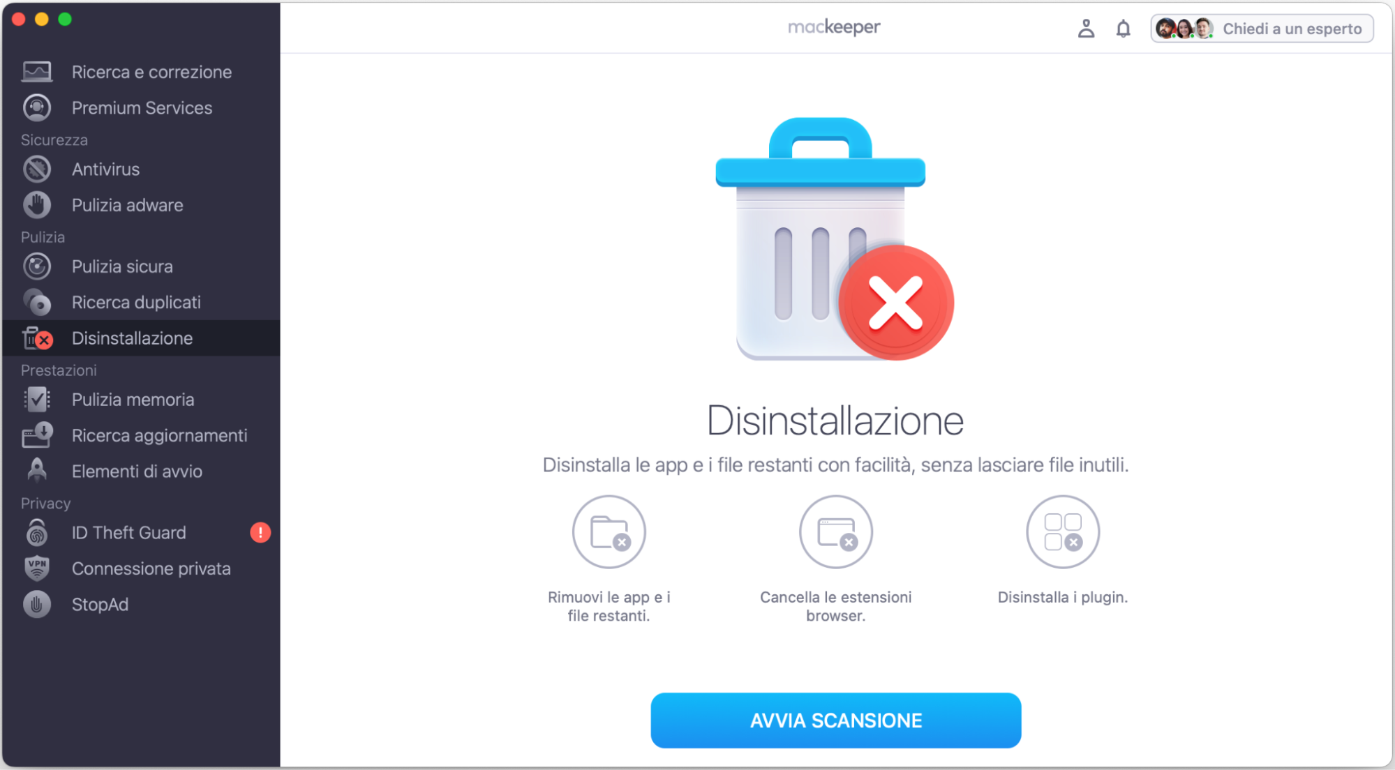 Apri MacKeeper, seleziona Disinstallazione nella barra laterale e fai clic sul pulsante Avvia scansione per iniziare la ricerca di app e file residui.