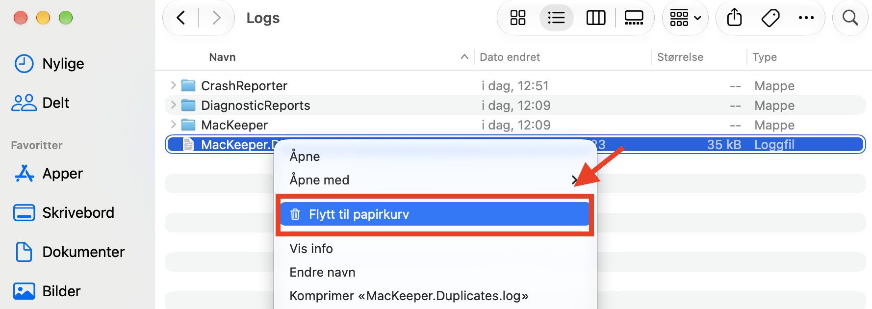 Se gjennom alle beholdermappene og filene som slutter på .log. Når du har funnet de du vil slette, høyreklikker du og velger Flytt til papirkurven. Gå deretter til papirkurven i Dock, og høyreklikk for å velge Tøm papirkurven.