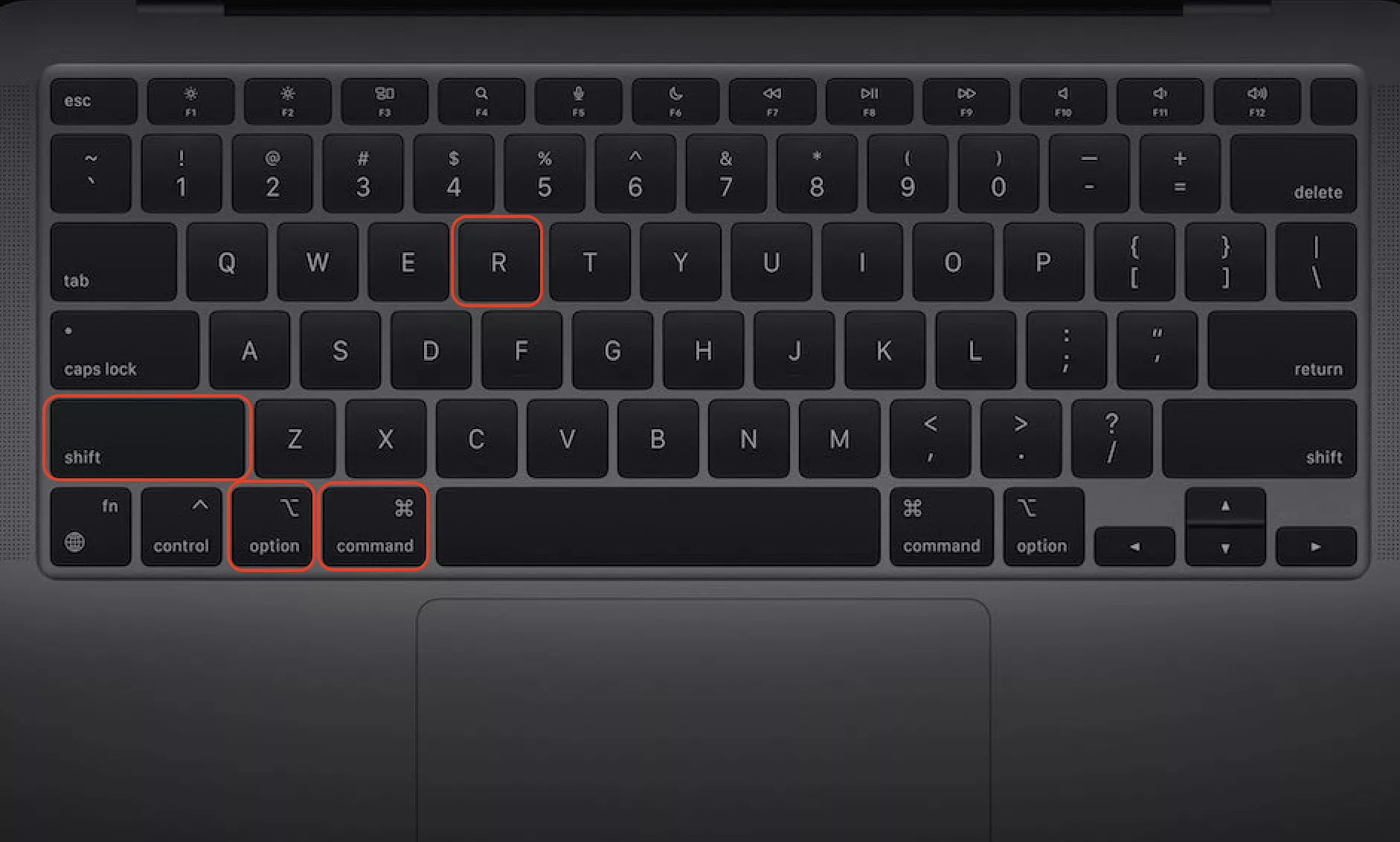 As teclas Option + Shift + Command + R estão destacadas em um teclado MacBook. Use a combinação para restaurar o Mac para as configurações de fábrica.