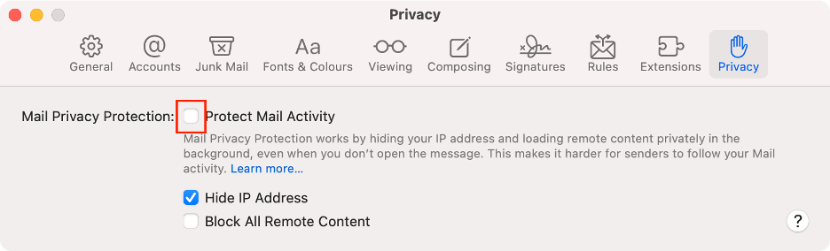 To fix the content loading error in your Mac’s Mail app, uncheck the Protect Mail Activity box in the Settings panel.
