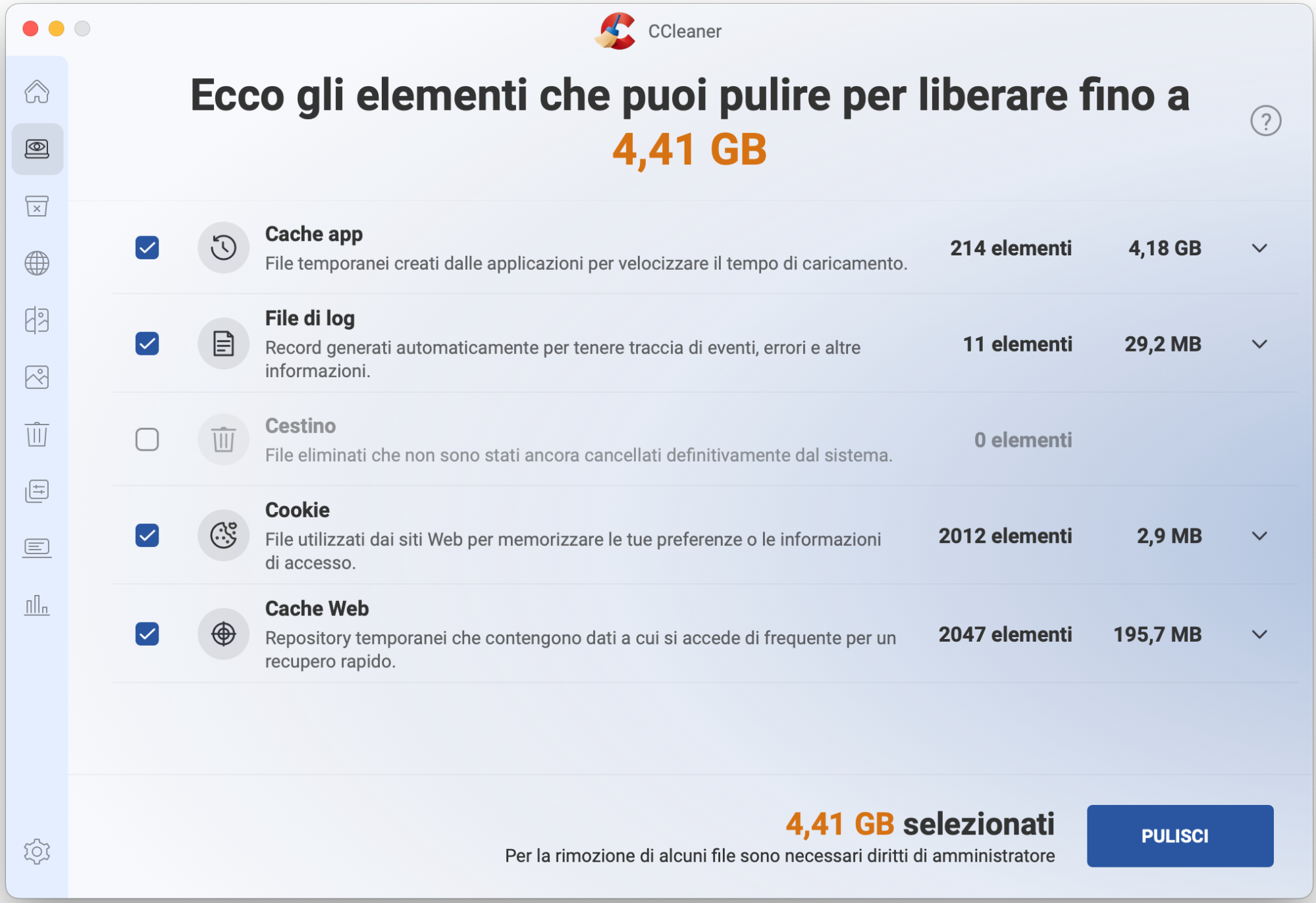 CCleaner per Mac permette agli utenti di scansionare file indesiderati, come le cache delle applicazioni. Una volta completata la scansione, puoi selezionare Pulisci per rimuoverli.