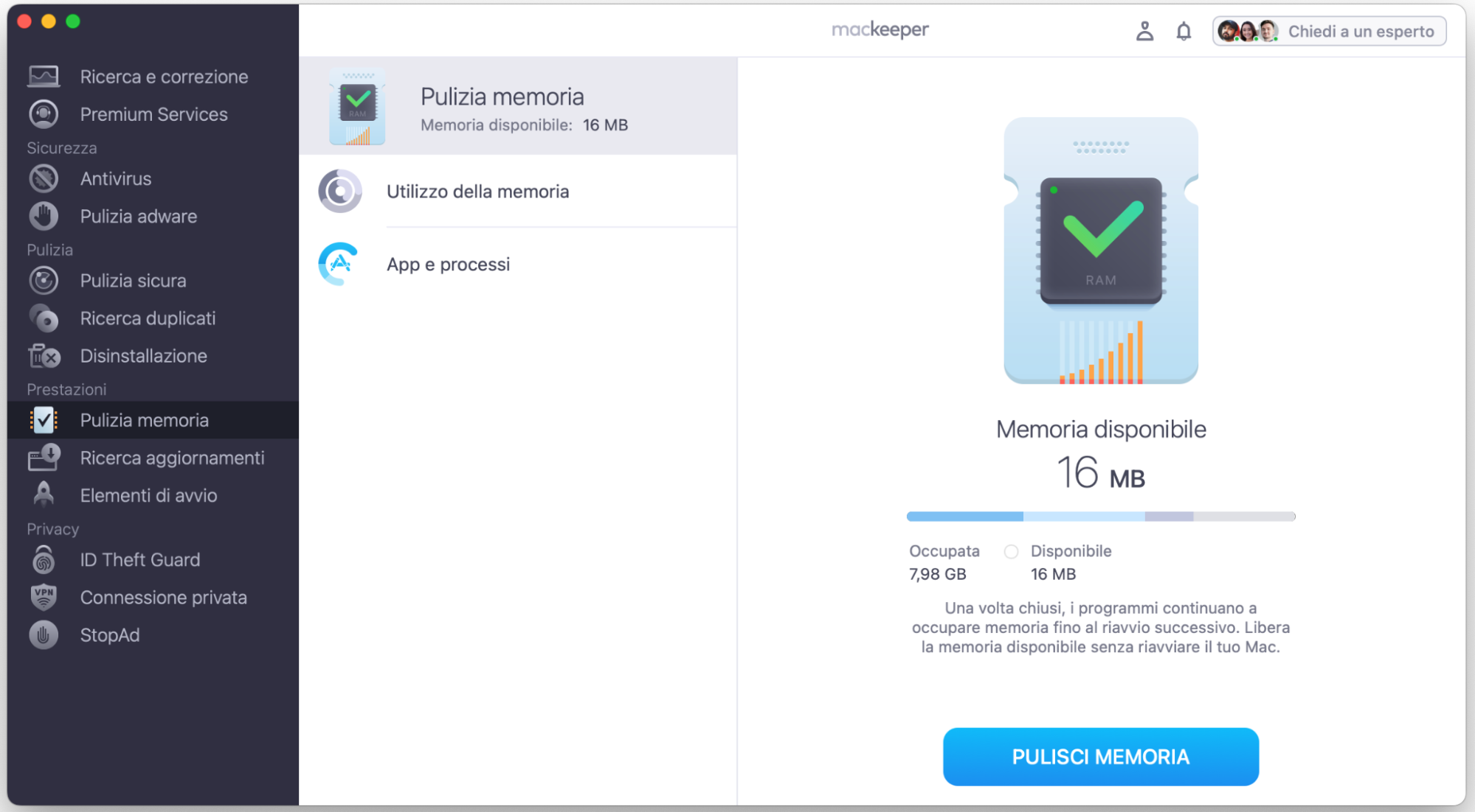 Puoi anche usare Pulizia Memoria di MacKeeper per killare i processi attivi che causano problemi. Seleziona App e processi, clicca sulla X accanto all’app e poi su Esci.