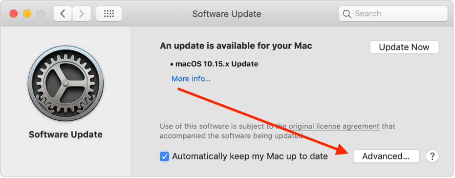 The macOS System Preferences Software Update panel showing a notification that an update is available macOS 10.15.x Update. At the bottom of the panel the checkbox Automatically keep my Mac up to date is checked and a red arrow points to the Advanced button in the bottom right corner.