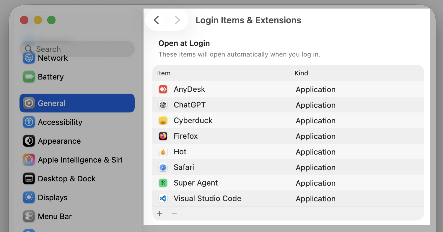 System Settings Login Items & Extensions pane on a MacBook listing Open at Login apps to remove unnecessary startup items.