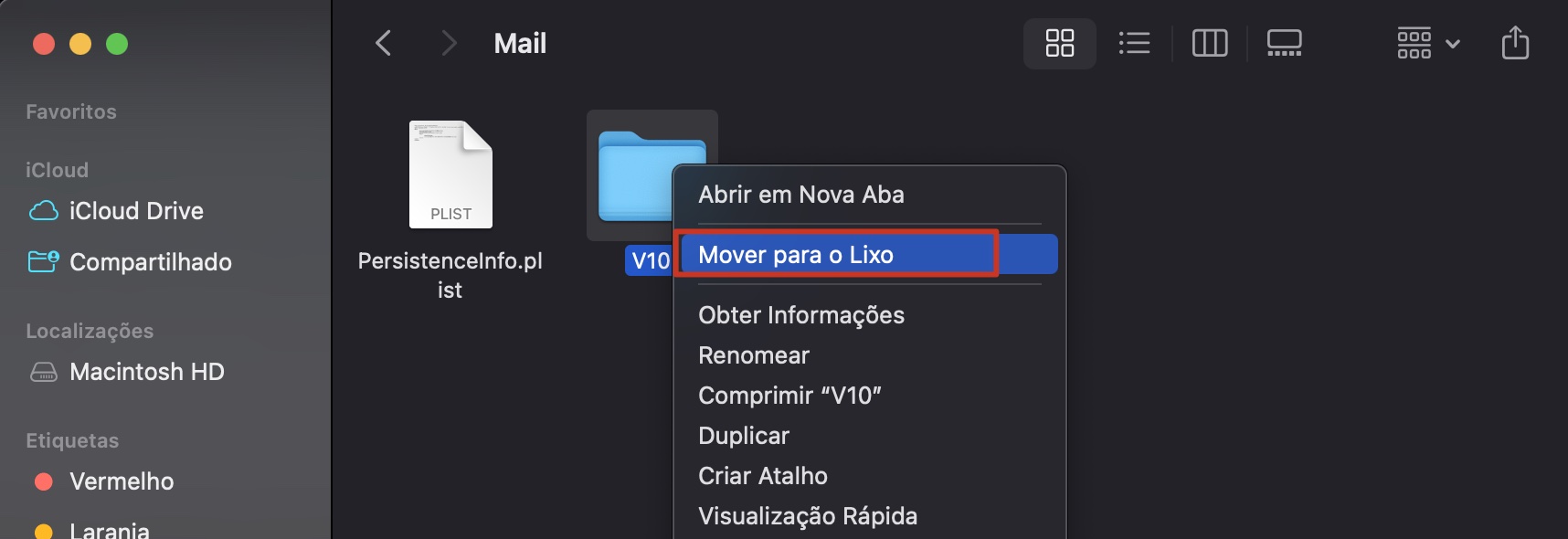 Parte de uma janela do Finder no Mac. Uma pasta está selecionada e o menu de contexto está aberto, com Mover para o Lixo destacado. Como excluir o cache do Mail no Mac.