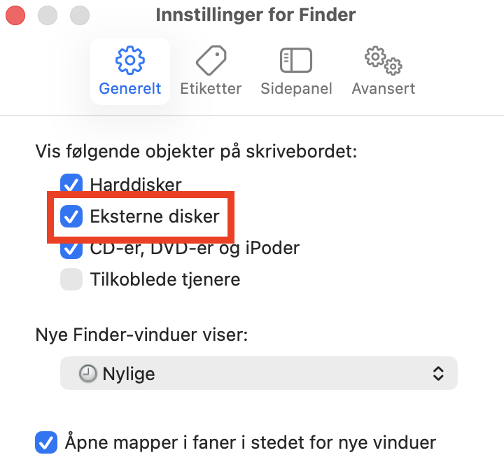 Vinduet Finder-innstillinger er åpnet på en Mac. Velg Generelt og aktiver innstillingen Eksterne disker for å finne en ekstern harddisk på en Mac.