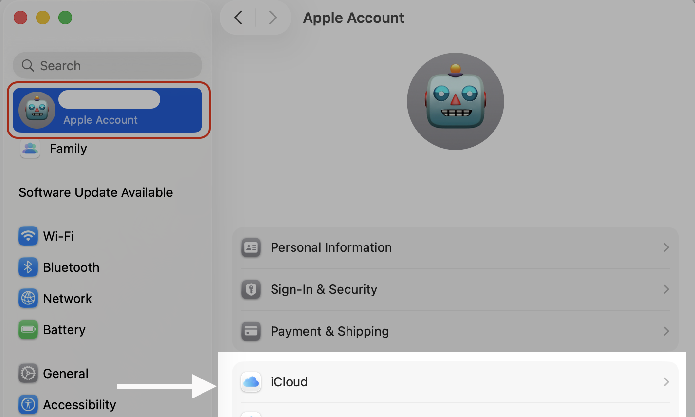 Selecting iCloud under your Apple Account in macOS System Settings to adjust Shortcuts syncing tied to backgroundshortcutrunner activity.