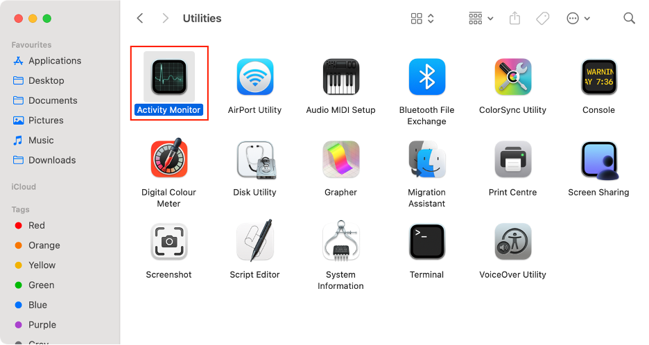 To delete offending files, open the Utilities folder and launch Activity Monitor.