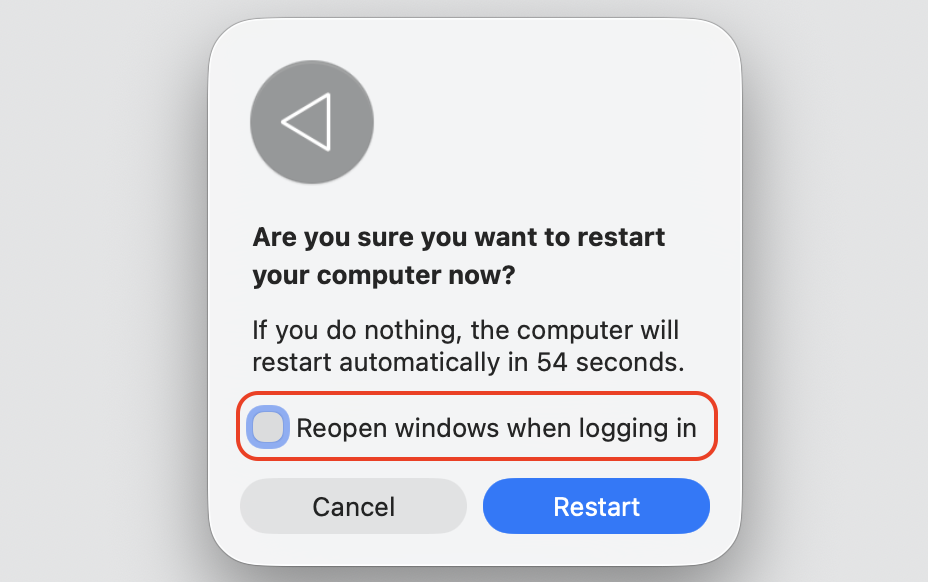 macOS Tahoe restart dialog on an Apple laptop with the Reopen windows when logging back in checkbox left unselected for a clean start.