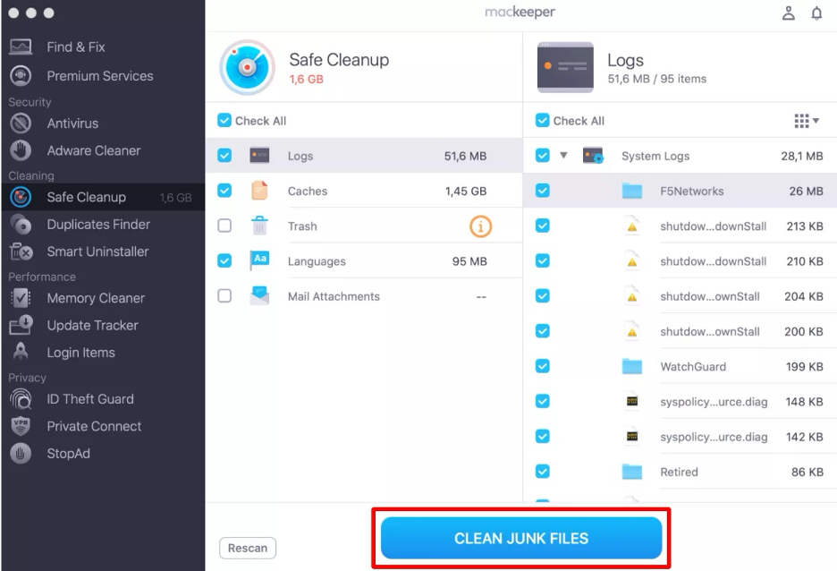 To speed up your Mac computer, click on the Clean Junk Files button from the Safe Cleanup tool.