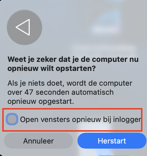 Voordat je opnieuw opstart, krijg je de optie om vensters weer te openen bij het opnieuw inloggen. Als je dat wilt, zorg er dan voor dat je dat vakje aanvinkt.