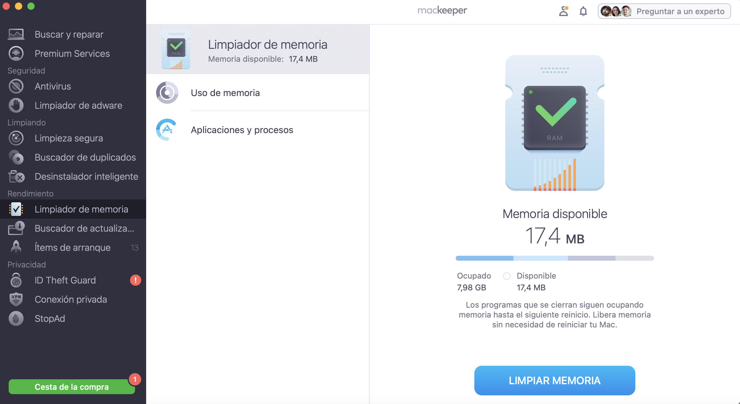 Haz clic en Limpiar Memoria para liberar espacio en tu Mac. Si quieres detener los procesos que consumen memoria, haz clic en Aplicaciones y Procesos y sigue las instrucciones en pantalla.