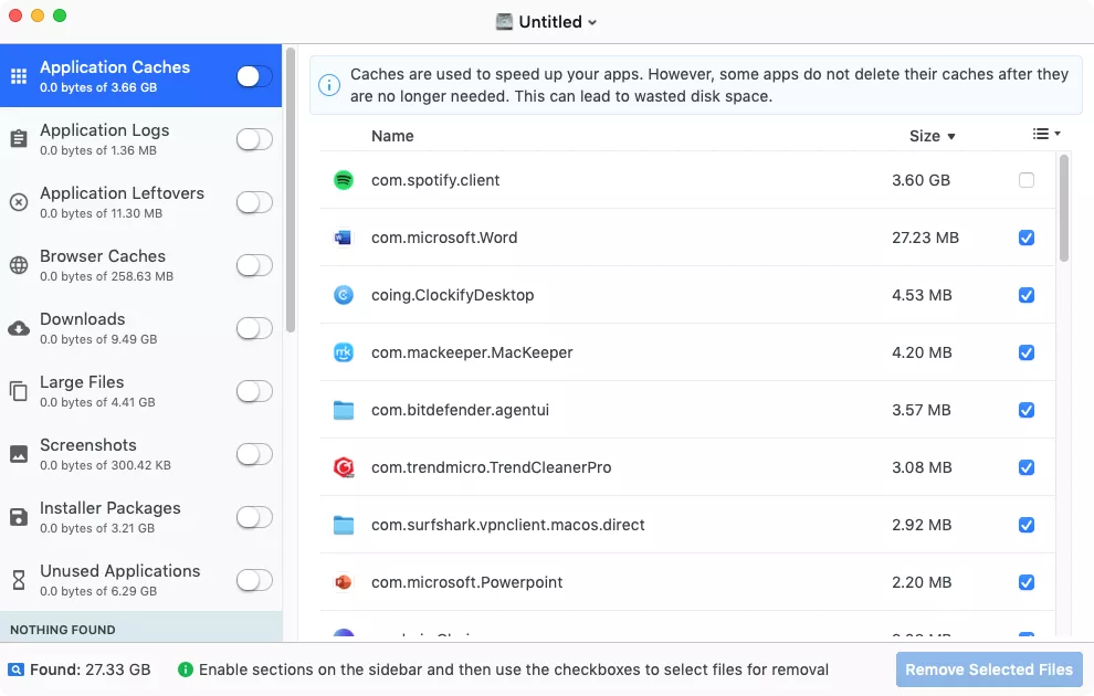 O resultado da verificação do Disk Doctor Pro exibe caches dos aplicativos, logs, resíduos de programas desinstalados e muitas outras categorias de arquivos desnecessários que podem estar ocupando espaço no seu Mac e que podem ser excluídos com segurança.